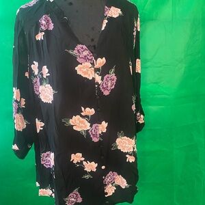 Torrid Black Blouse with Pink and Purple Floral Design Size 3